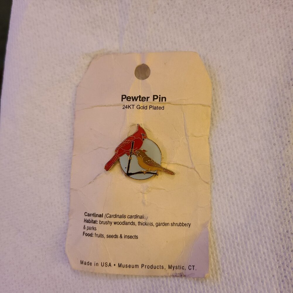 Pair Branch Sitting Cardinals Lapel Pin Brooch Red Gold Color Gold Plate Pewter